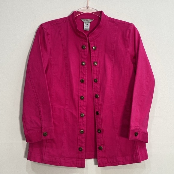 Denim Jacket Open front faux buttons pockets Collarless Fuchsa Women's XS - Picture 2 of 11